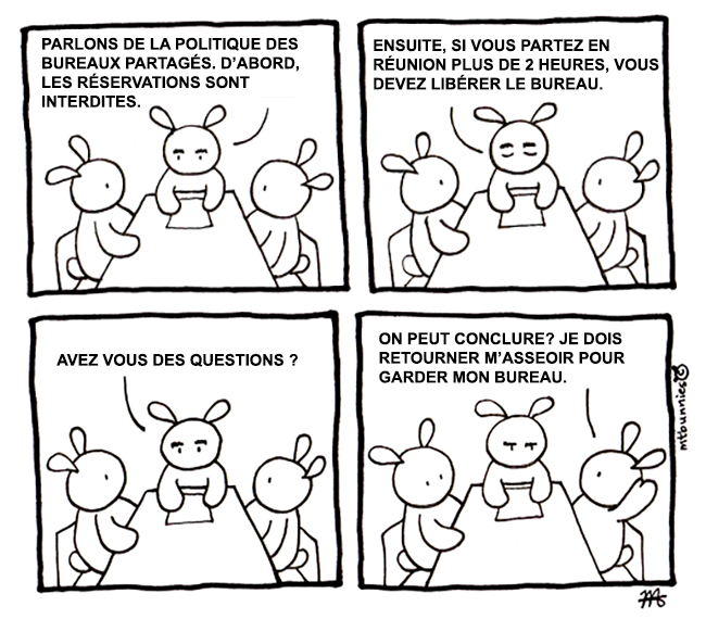 Bande dessinée. Trois lapins en réunion. Le chef dit que les bureaux ne peuvent pas être réservés et que tout bureau doit être libéré pour des absences de 2h et plus. Un lapin demande s'il peut retourner s'asseoir pour garder son bureau.