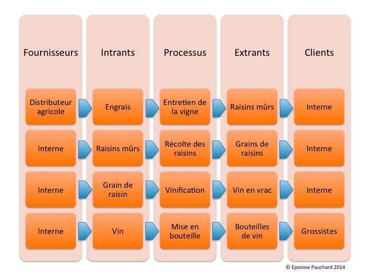 Fournisseur: distributeur agricole
Intrants: engrais
Processus : entretien de la vigne
Extrants: Raisins mûrs
Clients: Entrepot